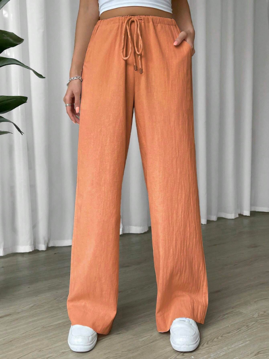 EZwear Linen Drawstring Waist Slant Pocket Wide Leg Pants