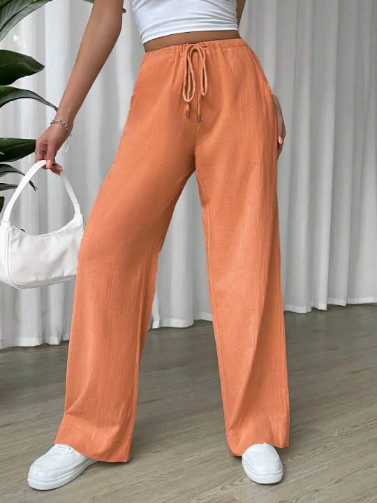 EZwear Linen Drawstring Waist Slant Pocket Wide Leg Pants