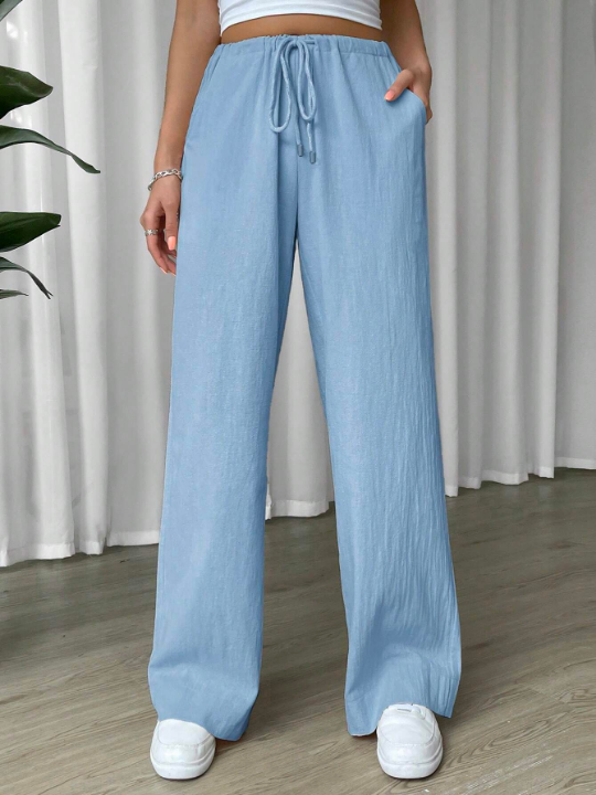 EZwear Linen Drawstring Waist Slant Pocket Wide Leg Pants