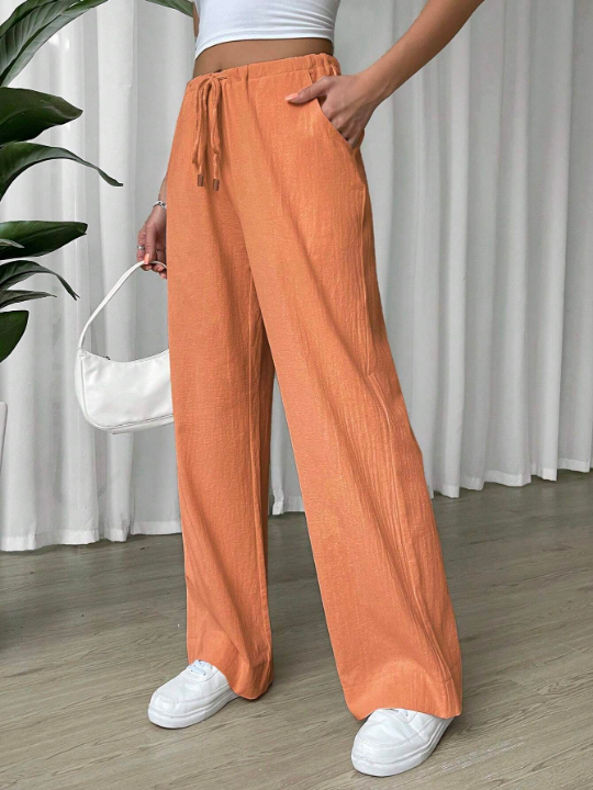 EZwear Linen Drawstring Waist Slant Pocket Wide Leg Pants