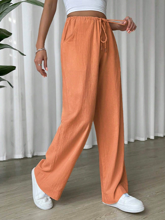 EZwear Linen Drawstring Waist Slant Pocket Wide Leg Pants