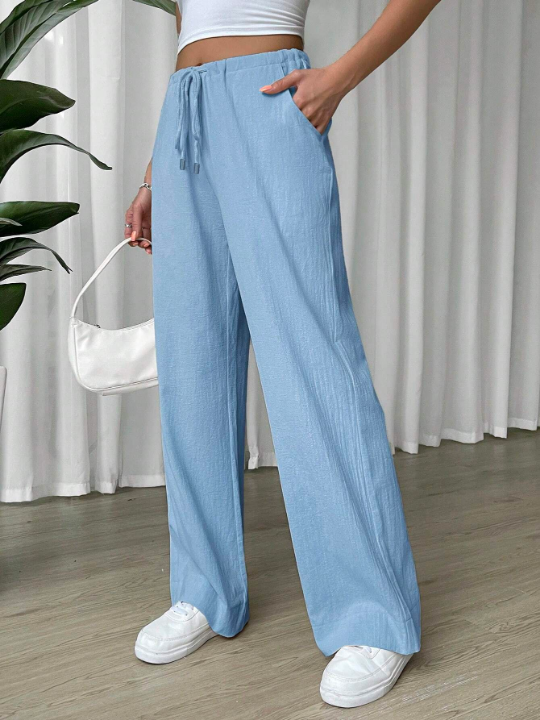 EZwear Linen Drawstring Waist Slant Pocket Wide Leg Pants