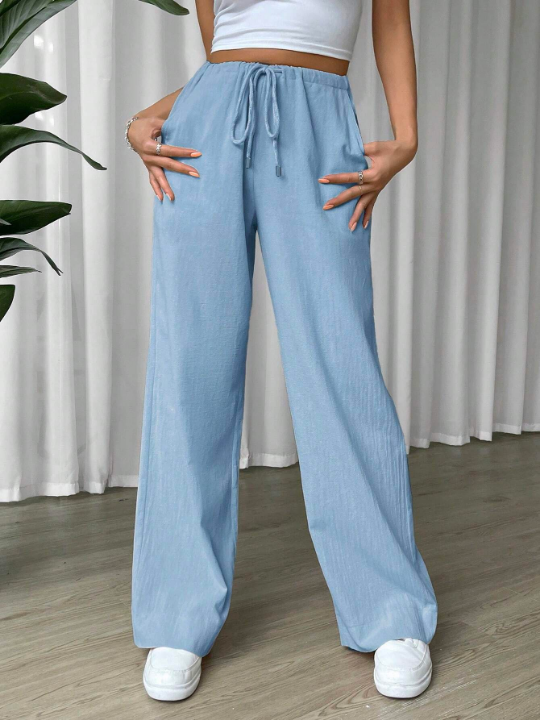 EZwear Linen Drawstring Waist Slant Pocket Wide Leg Pants