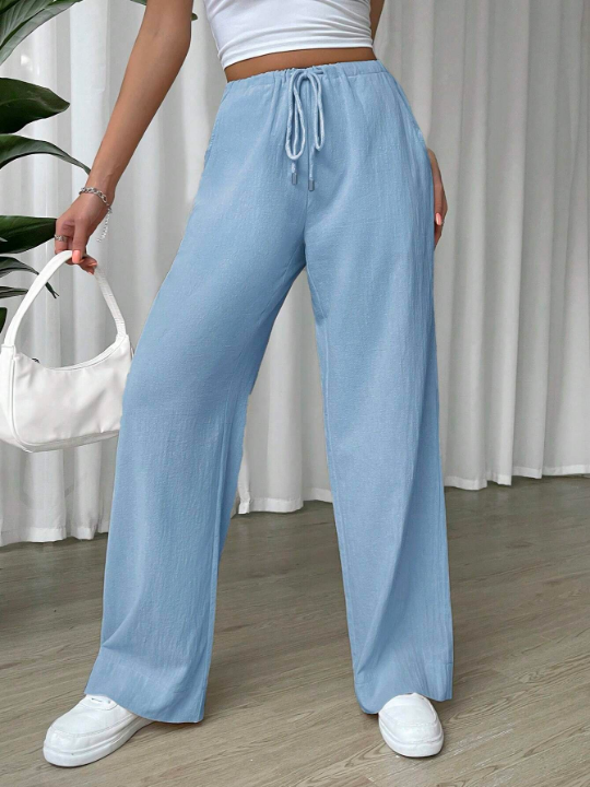 EZwear Linen Drawstring Waist Slant Pocket Wide Leg Pants