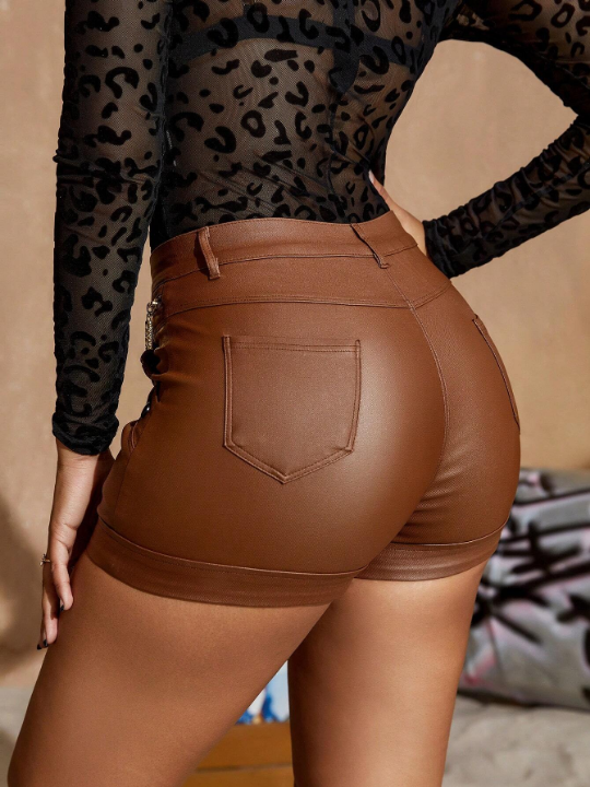 Button Detail PU Leather Shorts