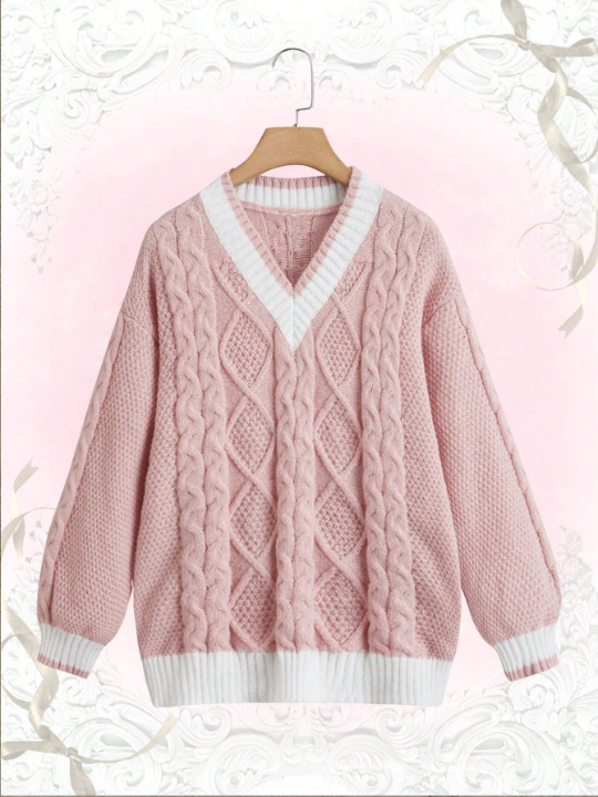 ROMWE Kawaii Cable Knit Contrast Trim Drop Shoulder Sweater