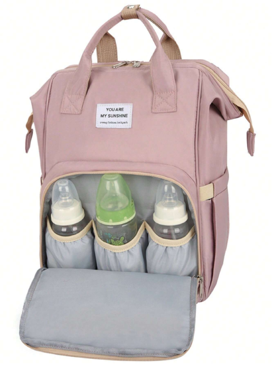 1pc Solid Color Nylon Decorated Bottle Bag With Large Capacity, Zipper Closure, Portable Design, Suitable For Daily Use Of Moms Taking Care Of Babies