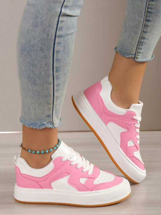 Women Lace Up Two Tone Skate Shoes, Sporty Outdoor Sneakers