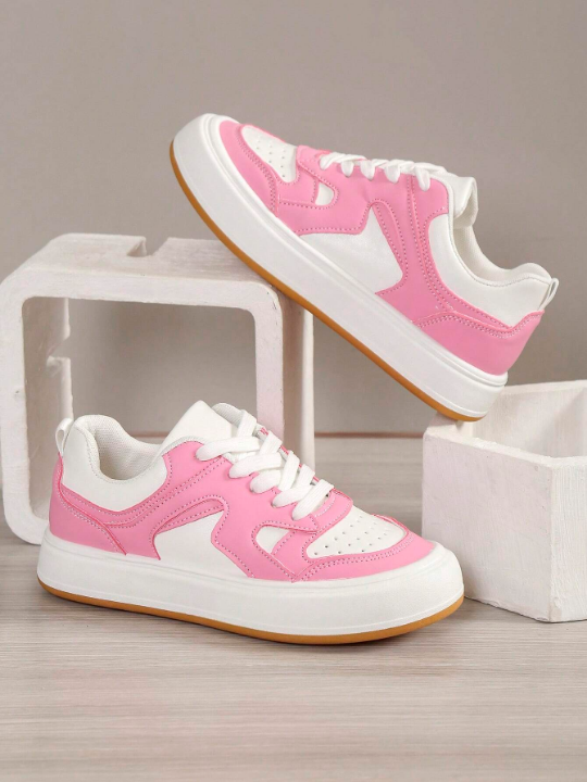 Women Lace Up Two Tone Skate Shoes, Sporty Outdoor Sneakers