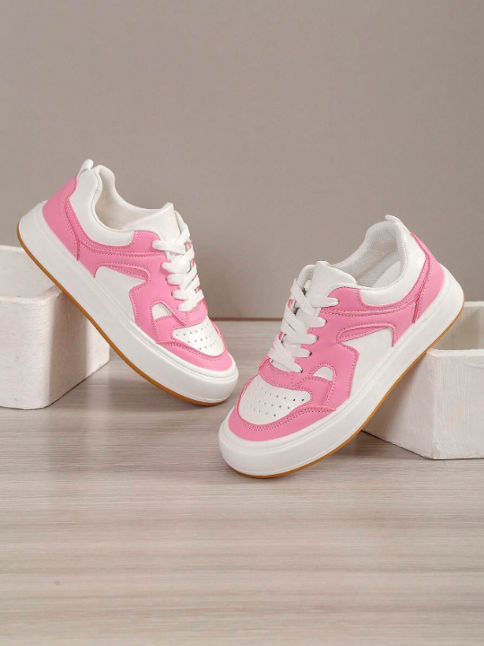 Women Lace Up Two Tone Skate Shoes, Sporty Outdoor Sneakers