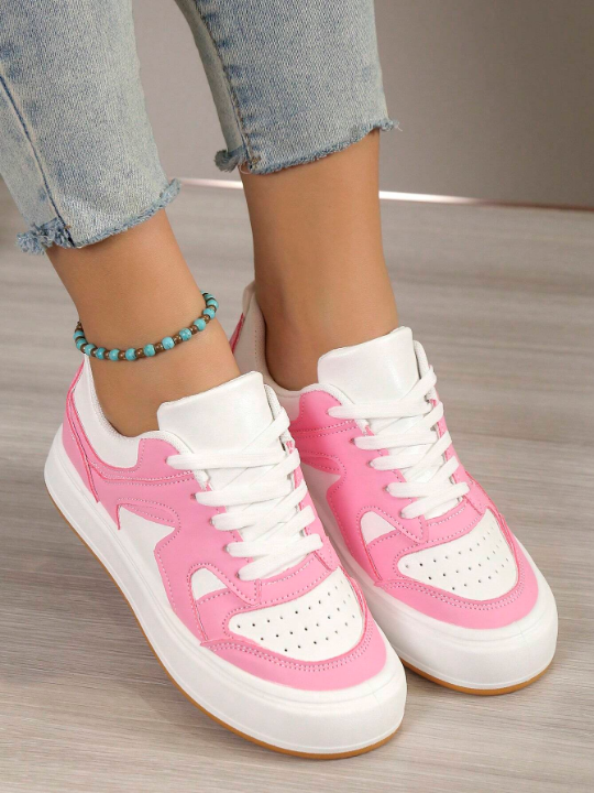 Women Lace Up Two Tone Skate Shoes, Sporty Outdoor Sneakers