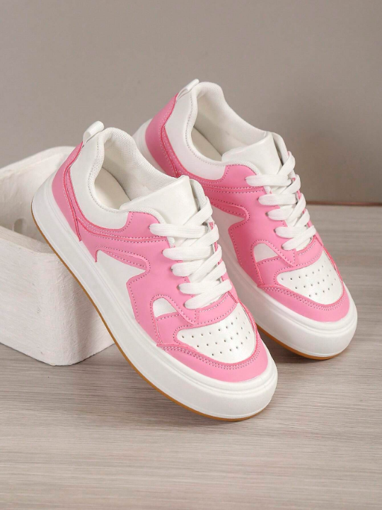 Women Lace Up Two Tone Skate Shoes, Sporty Outdoor Sneakers