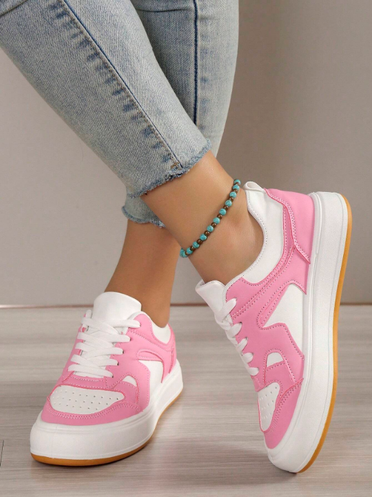 Women Lace Up Two Tone Skate Shoes, Sporty Outdoor Sneakers