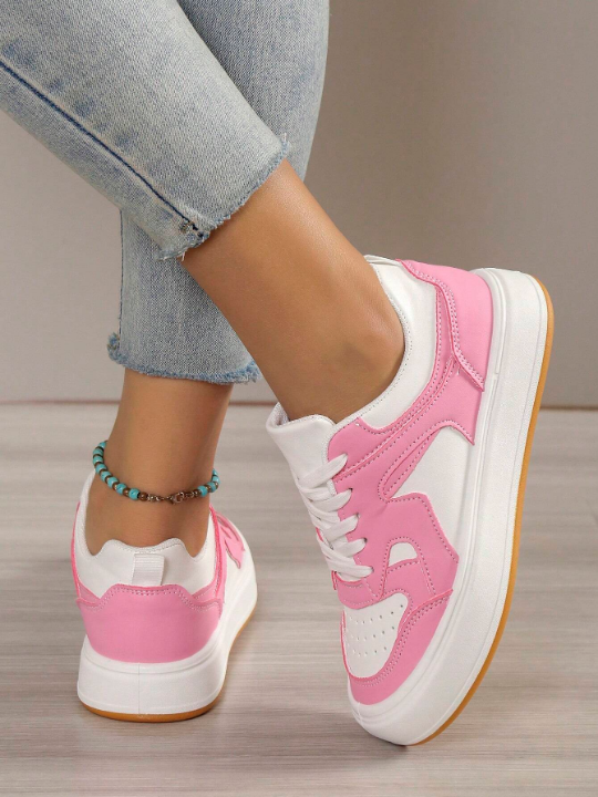 Women Lace Up Two Tone Skate Shoes, Sporty Outdoor Sneakers