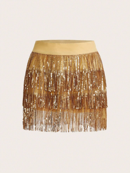 ICON Gold Sequin Fringe Hem Concert Outfits Skirt