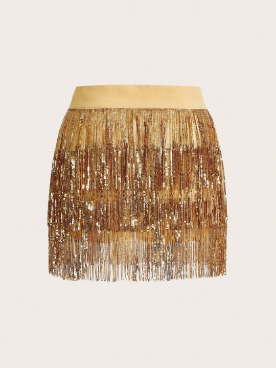 ICON Gold Sequin Fringe Hem Concert Outfits Skirt