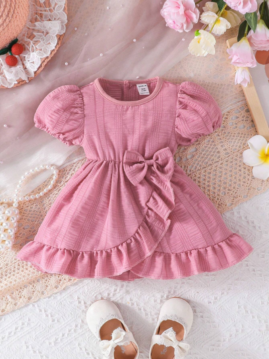 Baby Girl Puff Sleeve Ruffle Trim Bow Front Dress