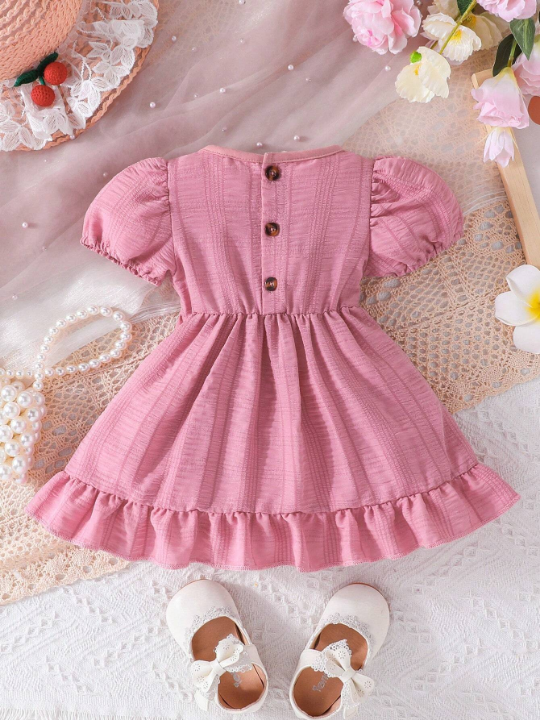 Baby Girl Puff Sleeve Ruffle Trim Bow Front Dress