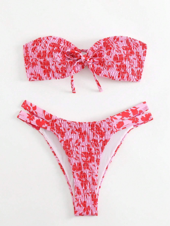 Swim Mod Allover Floral Print Smocked Bandeau Bikini Swimsuit