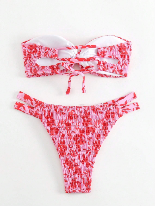 Swim Mod Allover Floral Print Smocked Bandeau Bikini Swimsuit