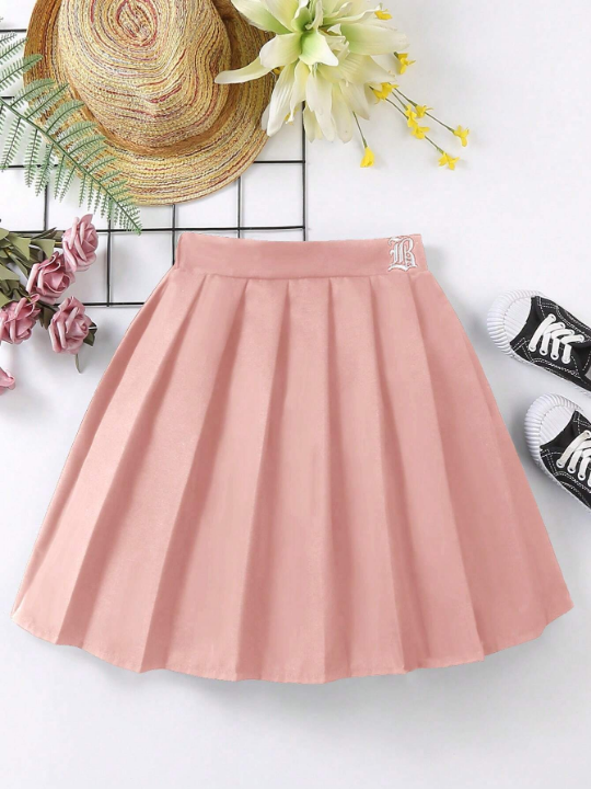 Tween Girl Letter Embroidery Detail Pleated Skirt