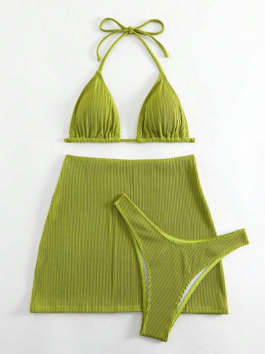 Swim Basics Plain Halter Triangle Bikini Swimsuit With Beach Skirt