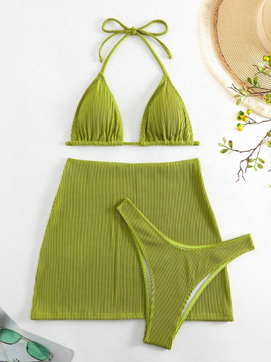 Swim Basics Plain Halter Triangle Bikini Swimsuit With Beach Skirt