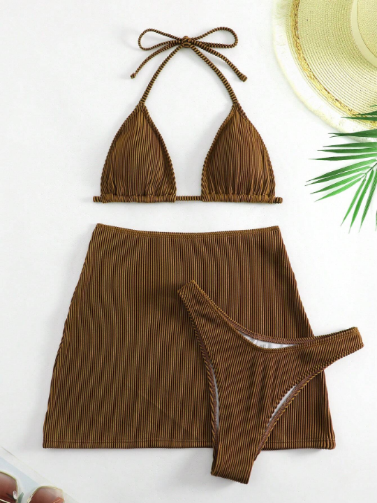 Swim Basics Plain Halter Triangle Bikini Swimsuit With Beach Skirt