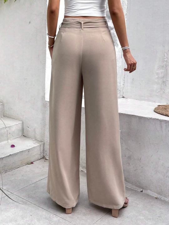 Frenchy Paperbag Waist Belted Apricot Straight Bow Tie Wide Leg Pants