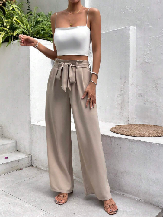 Frenchy Paperbag Waist Belted Apricot Straight Bow Tie Wide Leg Pants