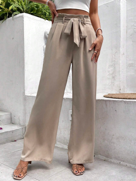 Frenchy Paperbag Waist Belted Apricot Straight Bow Tie Wide Leg Pants