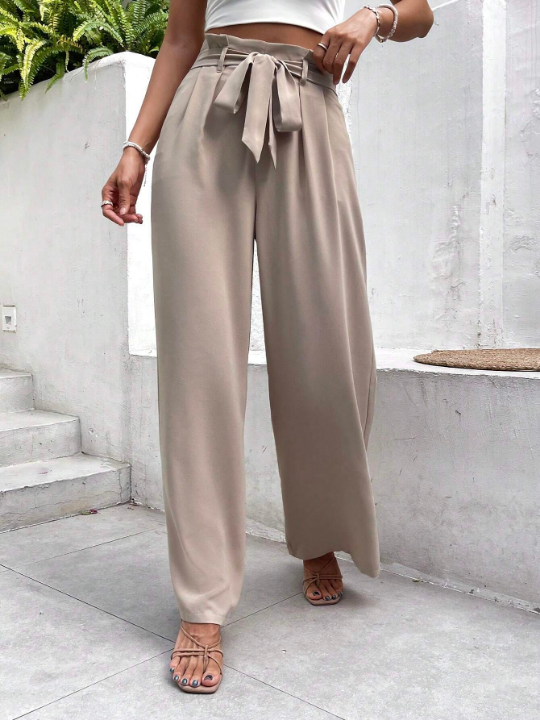 Frenchy Paperbag Waist Belted Apricot Straight Bow Tie Wide Leg Pants