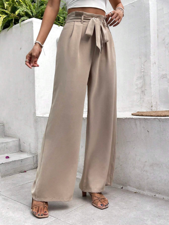 Frenchy Paperbag Waist Belted Apricot Straight Bow Tie Wide Leg Pants