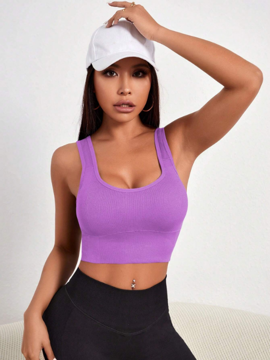 Yoga Basic Solid Ribbed Knit Sports Bra