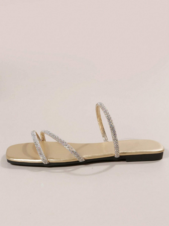 Women Metallic Rhinestone Decor Flat Sandals, Glamorous Summer Glass Slide Sandals