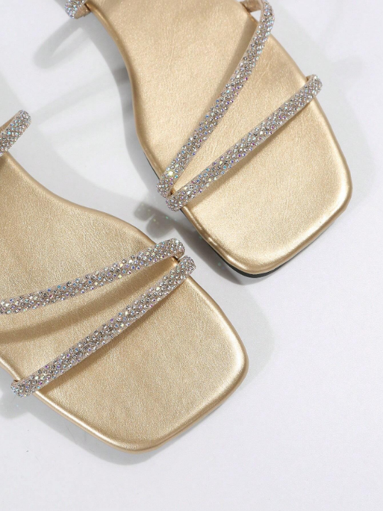 Women Metallic Rhinestone Decor Flat Sandals, Glamorous Summer Glass Slide Sandals