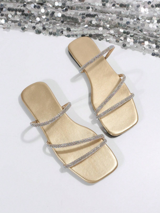 Women Metallic Rhinestone Decor Flat Sandals, Glamorous Summer Glass Slide Sandals