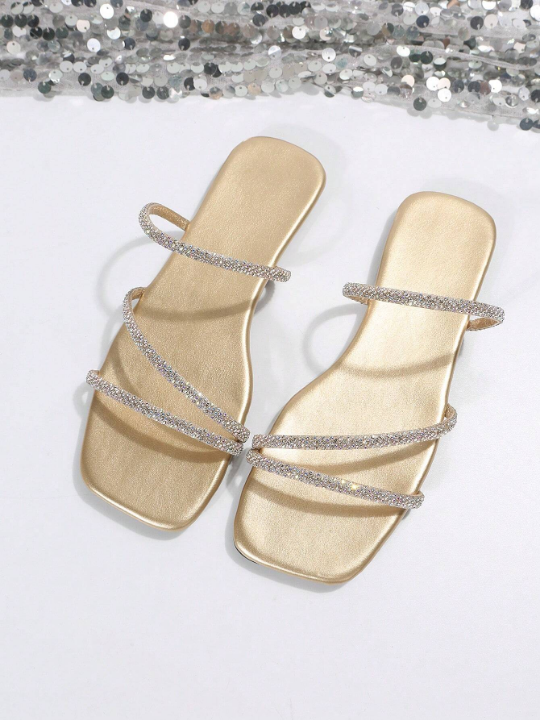 Women Metallic Rhinestone Decor Flat Sandals, Glamorous Summer Glass Slide Sandals