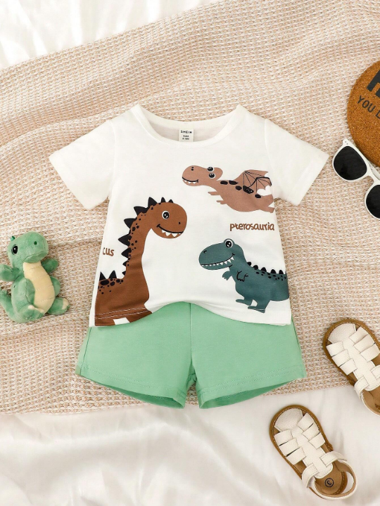 Baby Boy Letter & Dinosaur Print Tee & Shorts