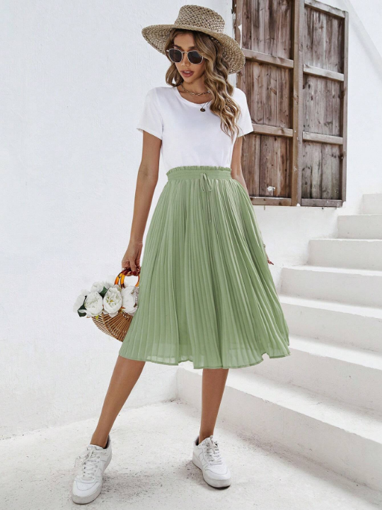 Frenchy Solid Knot Front Pleated Hem Skirt