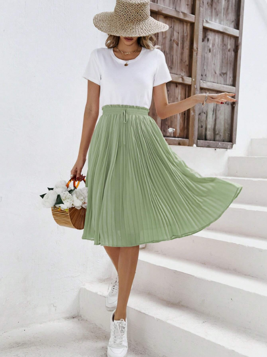 Frenchy Solid Knot Front Pleated Hem Skirt