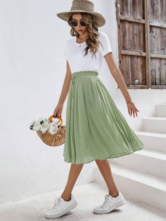 Frenchy Solid Knot Front Pleated Hem Skirt