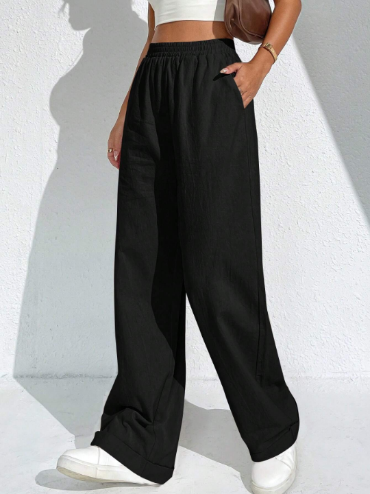 EZwear Solid Slant Pocket Wide Leg Pants