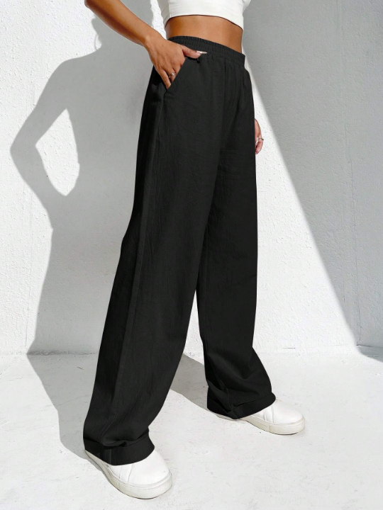 EZwear Solid Slant Pocket Wide Leg Pants