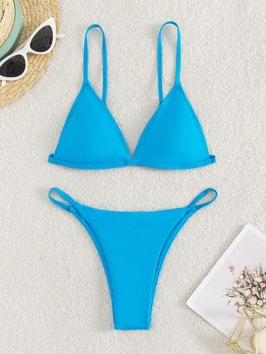 Swim Basics Solid Triangle Thong Bikini Swimsuit