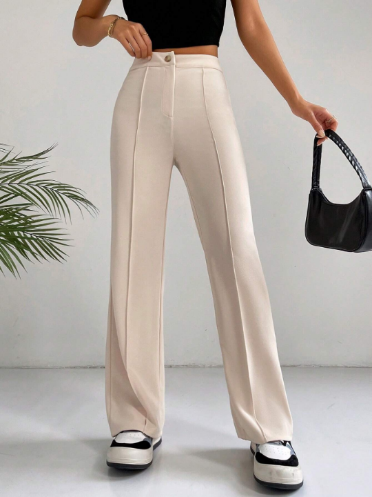 EZwear Classical Apricot High Waist Seam Detail Straight Leg Pants