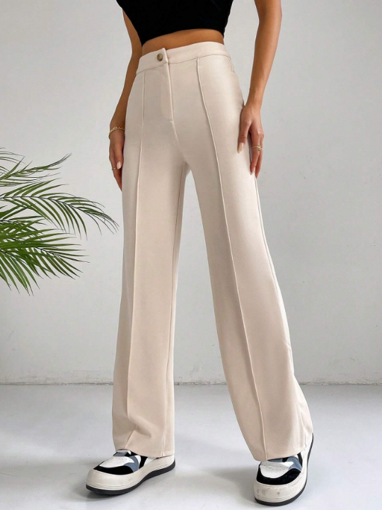 EZwear Classical Apricot High Waist Seam Detail Straight Leg Pants