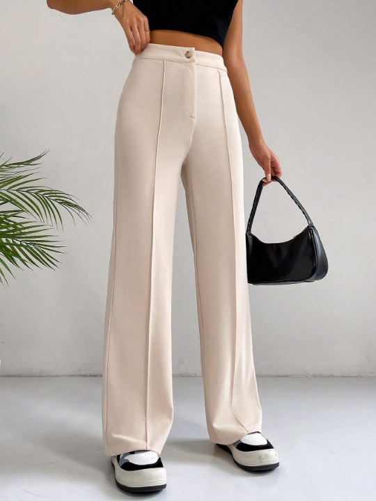 EZwear Classical Apricot High Waist Seam Detail Straight Leg Pants