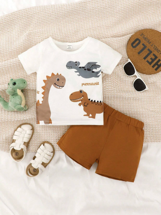 Baby Boy Letter & Dinosaur Print Tee & Shorts