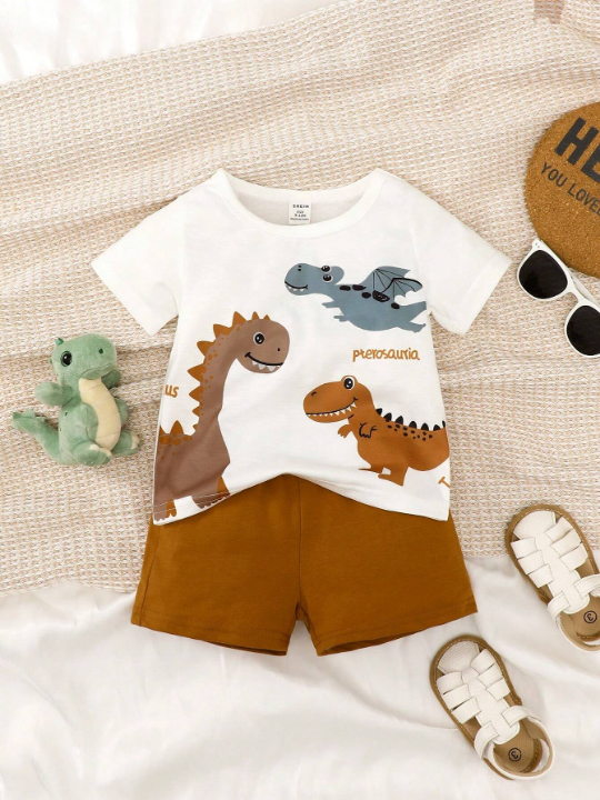 Baby Boy Letter & Dinosaur Print Tee & Shorts